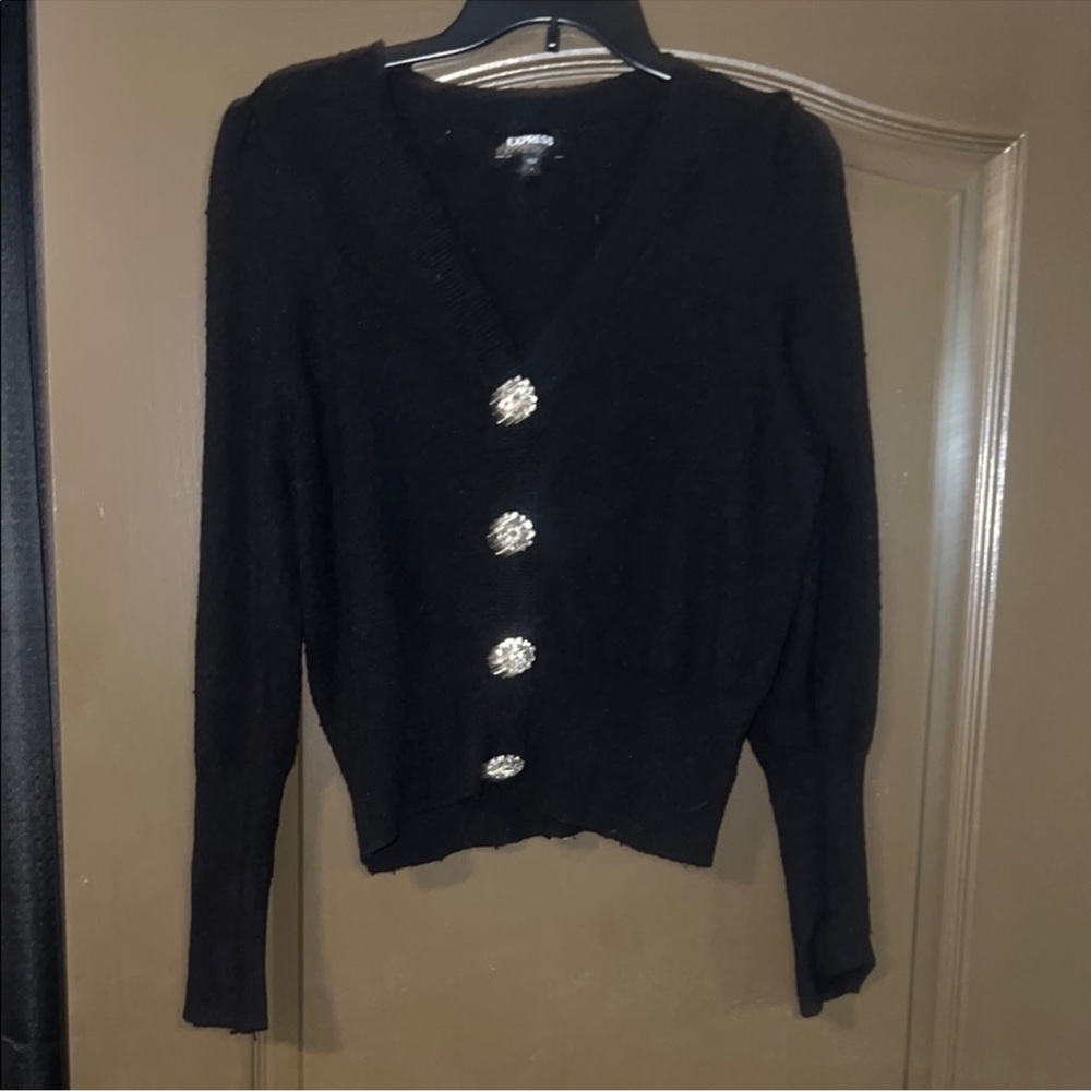 Elegant Black Sweater with Crystal Buttons
